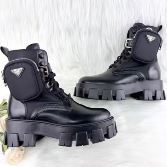 Prada Black Leather Lug-Sole Combat Boots with Removable Side Pouches - Picture 6 of 7